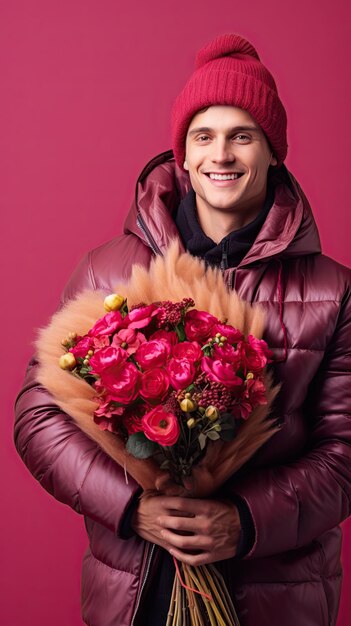 Hombre sujetando floristería ramo de flores en invierno