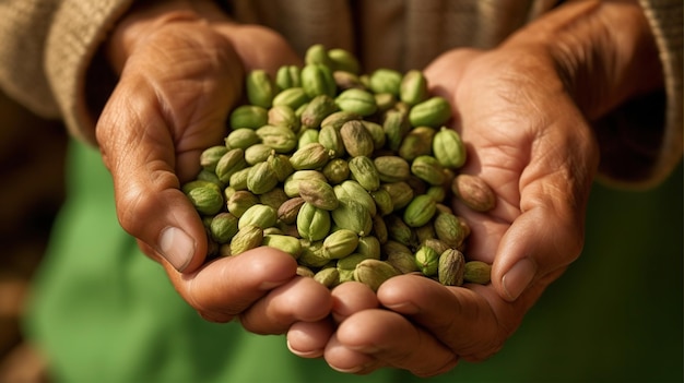 Foto hombre sujetando granos de café verde crudo ia generativa