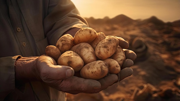 hombre sujetando un grupo de patatas en un campo al amanecer