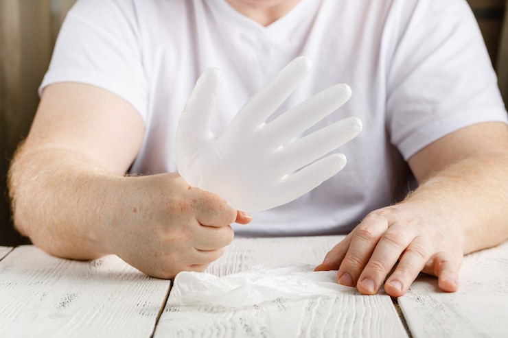 Foto hombre sujetando guantes protectores