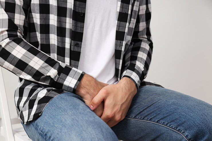 Hombre sujetando la ingle con las manos, concepto Movember