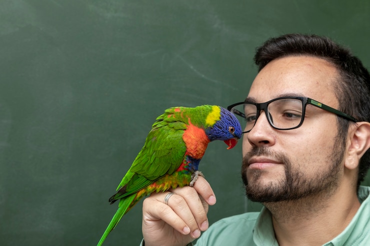 Foto hombre sujetando un loro trichoglossus moluccanus