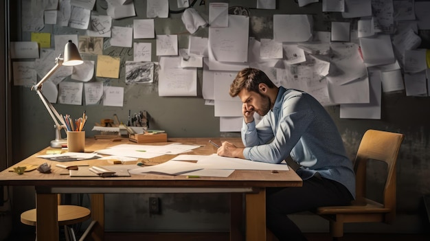 Hombre sumergiéndose en la tarea de escritura