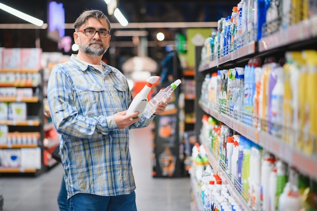 Hombre en el supermercado en el departamento de productos químicos domésticos Gran selección de productos