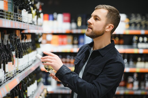 Hombre en un supermercado eligiendo un vino