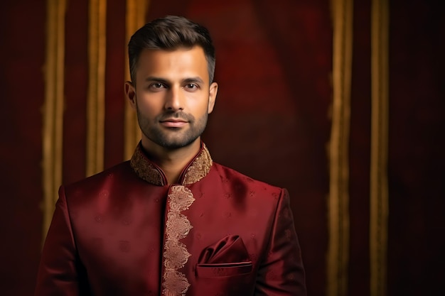 Foto un hombre del sur de asia en un sherwani tradicional posando con un rico telón de fondo borgoña