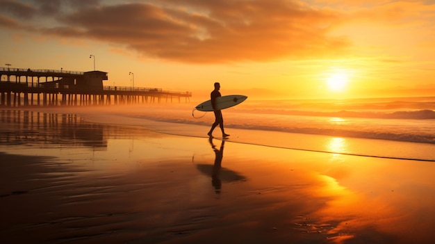 Foto un hombre surfea su longboard al amanecer en la playa de newport