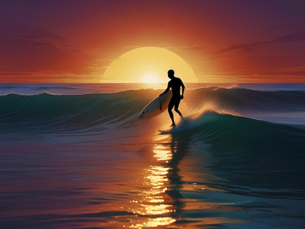 un hombre surfeando en la puesta de sol con un sol poniéndose detrás de él