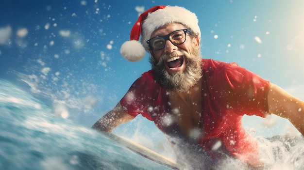 Hombre surfeando con traje de Papá Noel concepto de vacaciones de Navidad imagen generada por IA