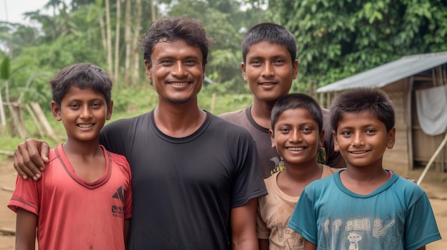 Un hombre con sus brazos alrededor de sus hijos