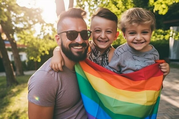 Foto un hombre con sus hijos y una bandera arco iris