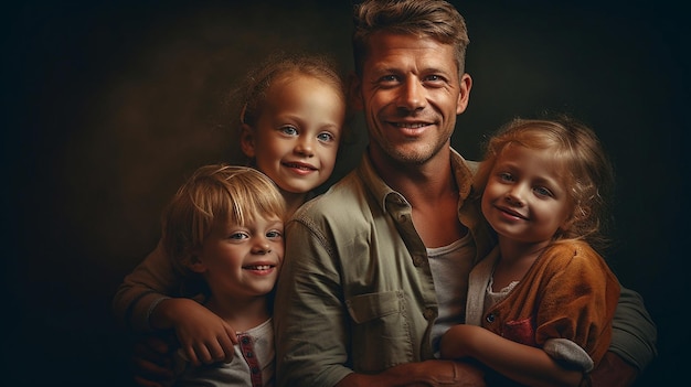 Un hombre con sus hijos posando para una foto.