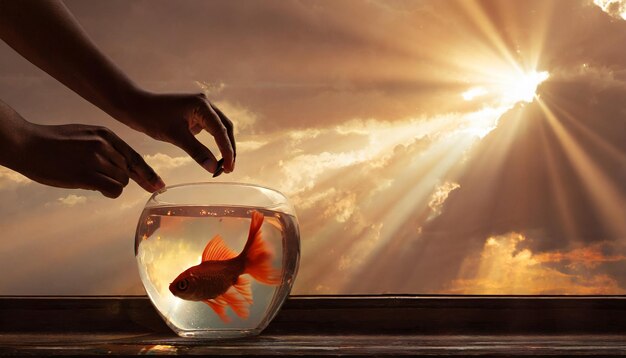 Foto hombre con sus manos alimentando peces en su acuario de casa