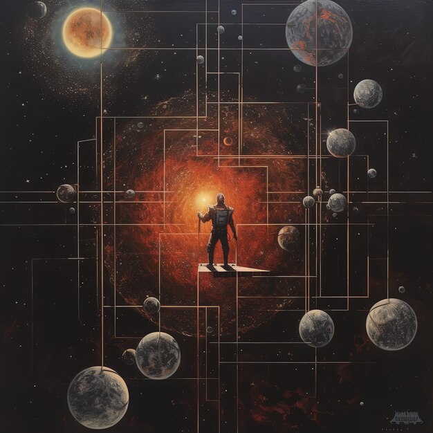 un hombre en una tabla con planetas y estrellas en el fondo