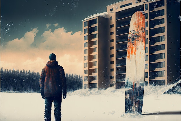 Un hombre con una tabla de snowboard en una melancólica ciudad abandonada