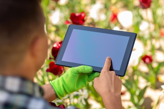 hombre con tablet PC y flores en el jardín de verano