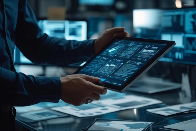 Foto el hombre con la tableta está trabajando con el concepto tecnológico