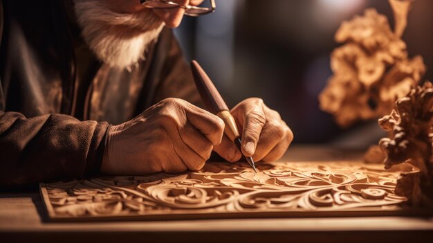Foto un hombre está tallando una escultura de madera.