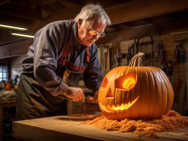 Hombre tallando un siniestro Jack o Lantern