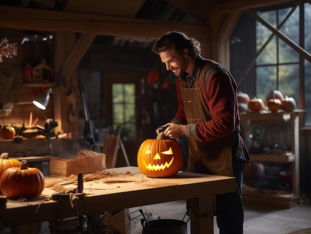 Hombre tallando un siniestro Jack o Lantern