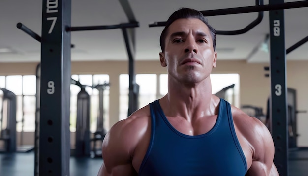 un hombre con un tanque azul haciendo ejercicio en el gimnasio