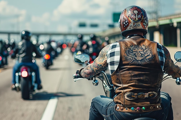 Foto un hombre con tatuajes en el brazo está montando una motocicleta en una autopista concurrida