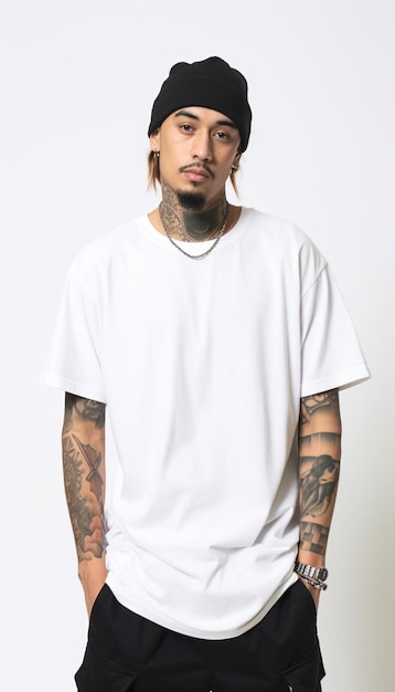 un hombre con tatuajes en los brazos y una camisa blanca con un tatuaje en el pecho.
