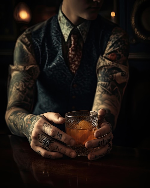 un hombre con tatuajes en los brazos está sosteniendo un vaso con la palabra im no comillas en él