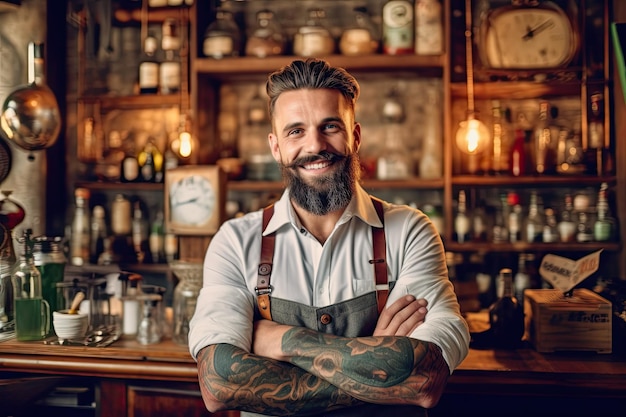 Un hombre con tatuajes en los brazos se para frente a un bar con un reloj detrás de él.