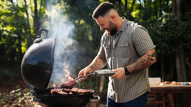 Un hombre con tatuajes hace carne a la parrilla al aire libre