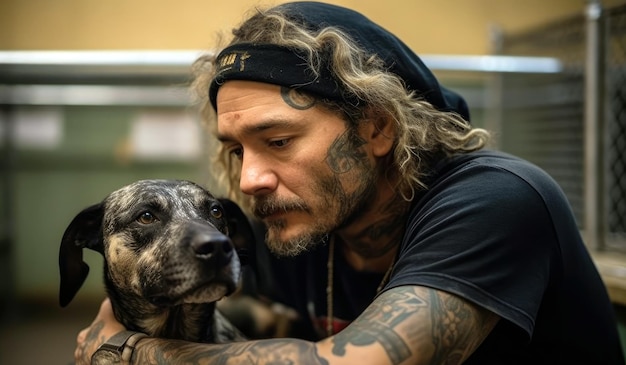Un hombre con tatuajes y un perro.
