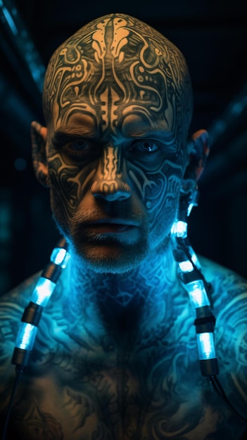 Un hombre con tatuajes vibrantes en la cara y luces brillantes iluminando sus rasgos