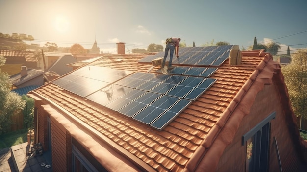 Un hombre en un techo instalando paneles solares.