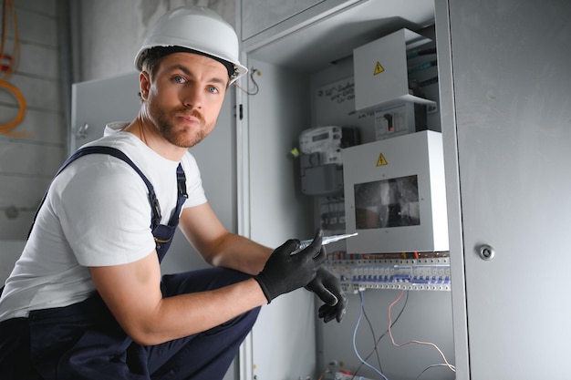 Foto hombre técnico eléctrico que trabaja en un cuadro de distribución con fusibles instalación y conexión de equipos eléctricos profesional con herramientas en mano concepto de espacio de trabajo complejo para texto