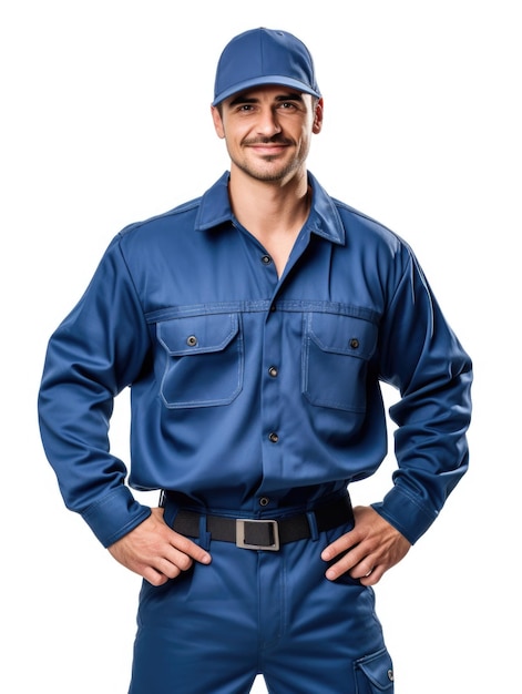 hombre técnico lleva uniforme azul con fondo blanco