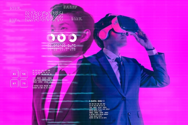 Hombre de tecnología del mundo cibernético digital metaverso con gafas de realidad virtual VR jugando AR entretenimiento de juegos de realidad aumentada y conferencia de reuniones de negocios estilo de vida futurista