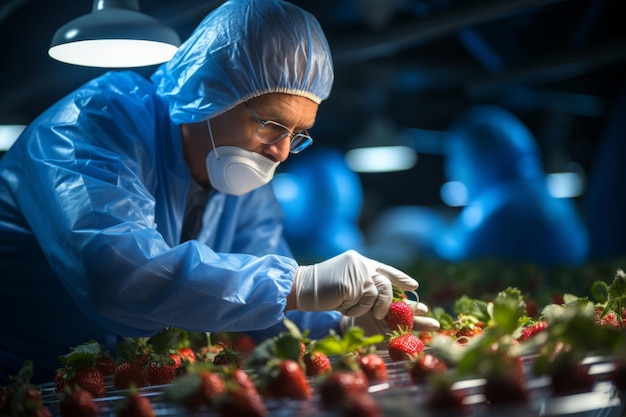 Foto hombre tecnólogo que trabaja en el almacén de frutas comprobando el control de calidad control de la fábrica de procesamiento de alimentos