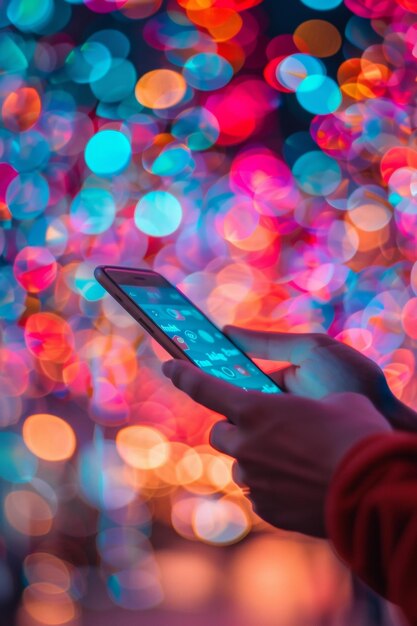 Foto hombre con un teléfono en la calle en un fondo borroso en círculos bokeh ia generativa