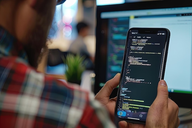 Un hombre con un teléfono celular frente a una pantalla de computadora