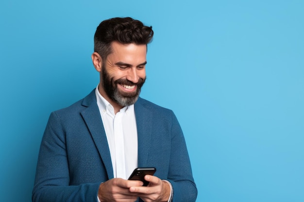 Hombre con teléfono en fondo azul