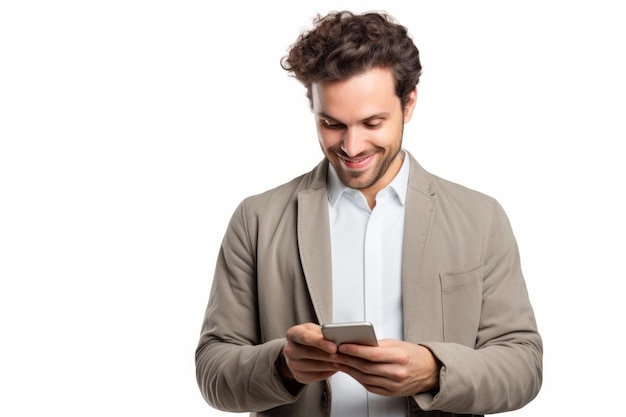 Hombre con teléfono en fondo blanco