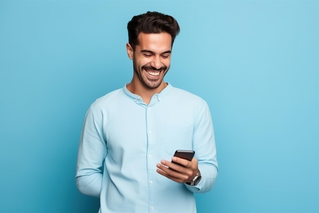 Hombre con teléfono en fondo de estudio azul