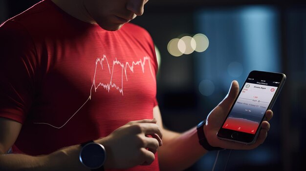 Foto hombre con teléfono inteligente y aplicación de seguimiento de salud