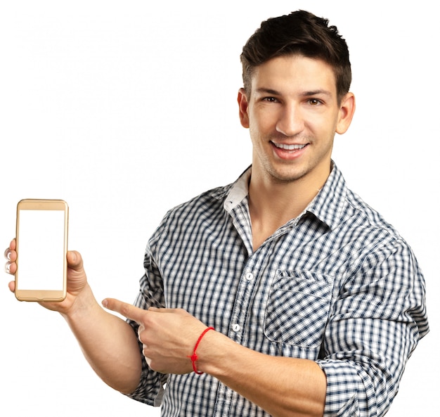 Foto hombre y teléfono móvil aislado en blanco