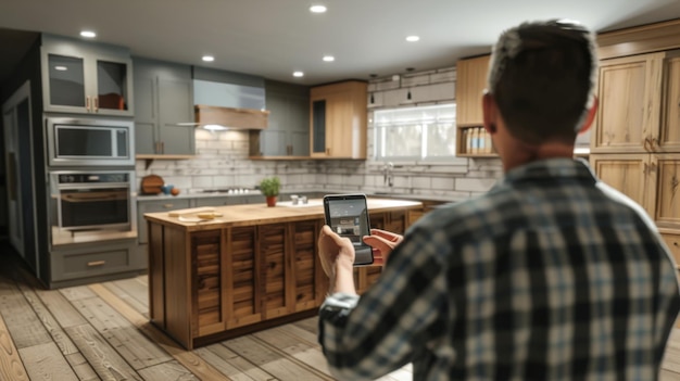 Hombre con teléfono móvil en la cocina