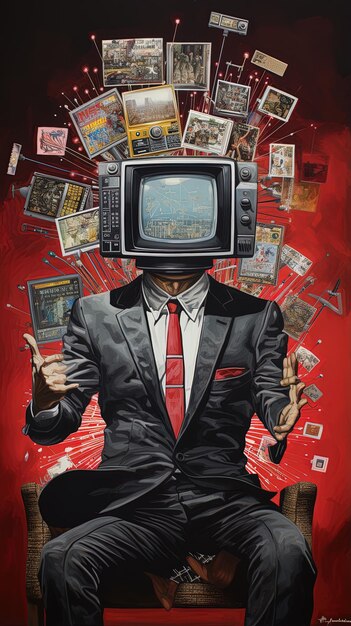 Foto un hombre con un televisor en la cabeza está sentado frente a un fondo rojo con muchas otras cosas