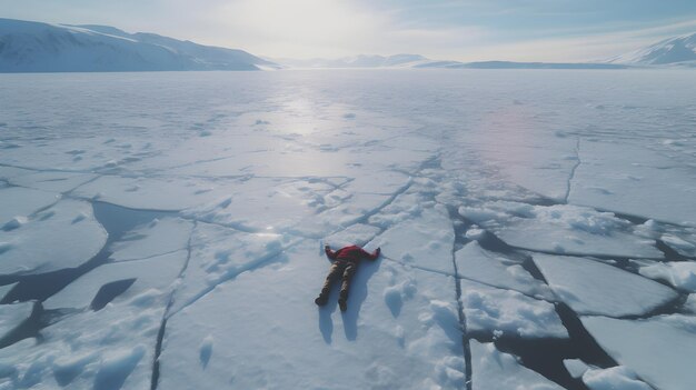 Foto hombre tendido en un lago congelado