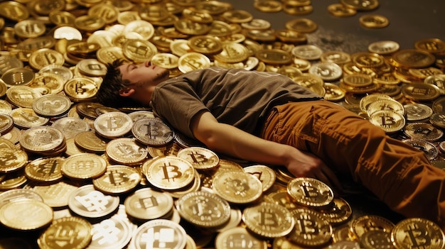 Hombre tendido en una pila de bitcoins generada por la IA Imagen