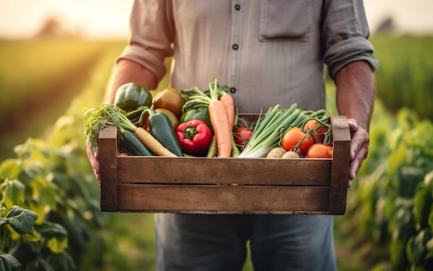 un, hombre, tenencia, un, caja de madera, de, vegetales