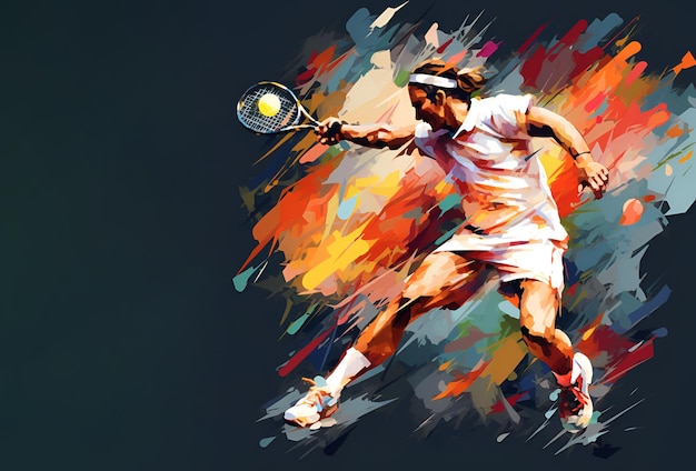 Hombre de tenis grande con raqueta y pelota voladora listo para atacar durante el partido de tenis siluetas de jugadores de tenis